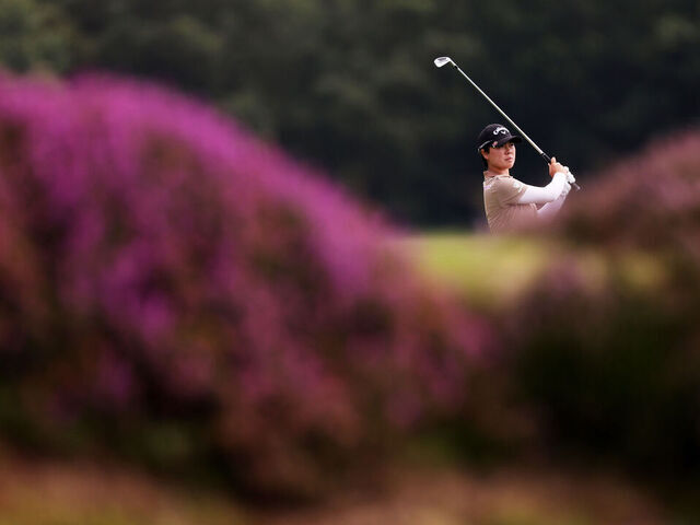 TADWORTH, ENGLAND - AUGUST 10: Yuka Saso of Japan plays her second shot on the 15th hole on Day One of the AIG Women's Open at Walton Heath Golf Club on August 10, 2023 in Tadworth, England.