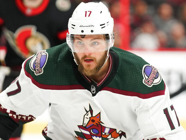 OTTAWA, ON - MARCH 14: Alex Galchenyuk #17 of the Arizona Coyotes skates against the Ottawa Senators at Canadian Tire Centre on March 14, 2022 in Ottawa, Ontario, Canada.