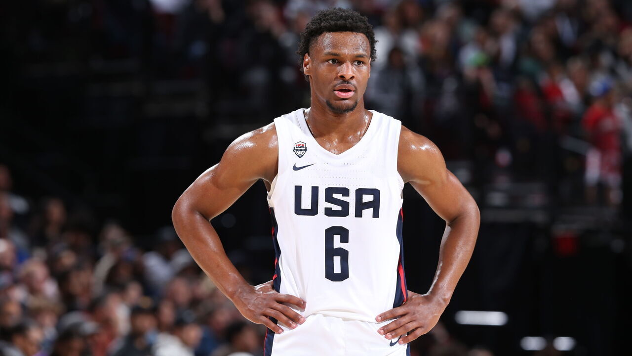 PORTLAND, OR - APRIL 8: Bronny James #6 of Team USA looks on during the 2023 Nike Hoop Summit on April 8, 2023 at the Moda Center Arena in Portland, Oregon. Mandatory Copyright Notice: Copyright 2023 NBAE