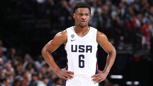 PORTLAND, OR - APRIL 8: Bronny James #6 of Team USA looks on during the 2023 Nike Hoop Summit on April 8, 2023 at the Moda Center Arena in Portland, Oregon. Mandatory Copyright Notice: Copyright 2023 NBAE