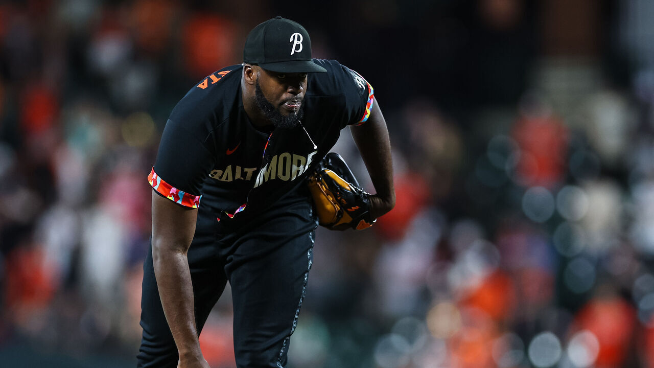 BALTIMORE, MD - JULY 14: Felix Bautista #74 of the Baltimore Orioles pitches against the Miami Marlins during the ninth inning at Oriole Park at Camden Yards on July 14, 2023 in Baltimore, Maryland.