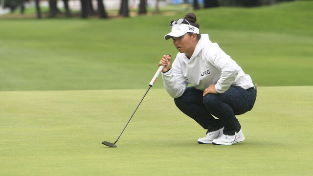 VANCOUVER, BRITISH COLUMBIA - AUGUST 25: Megan Khang of the United States lines up a putt on the 18th green during the second round of the CPKC Women's Open at Shaughnessy Golf and Country Club on August 25, 2023 in Vancouver, British Columbia.