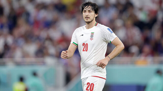 DOHA, QATAR - NOVEMBER 29: Sardar Azmoun of Iran during the World Cup match between Iran v USA at the Al Thumama Stadium on November 29, 2022 in Doha Qatar