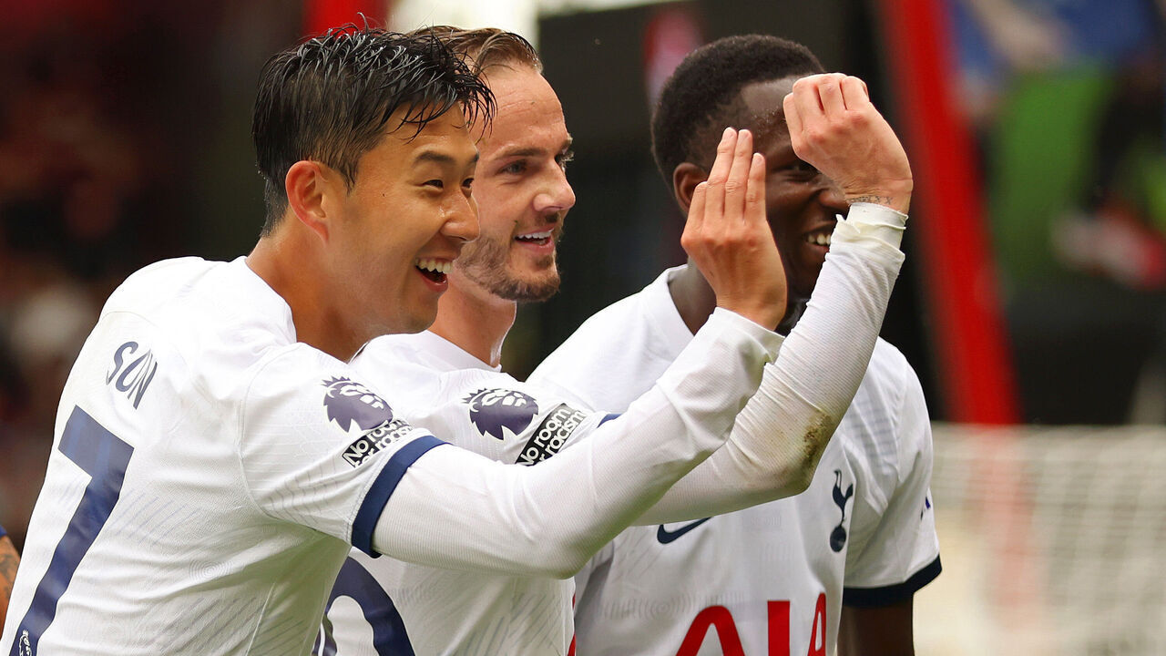 BOURNEMOUTH, ENGLAND - AUGUST 26: James Maddison of Tottenham Hotspur celebrates with Heung-Min Son and Pape Matar Sarr of Tottenham Hotspur after scoring the team's first goal during the Premier League match between AFC Bournemouth and Tottenham Hotspur at Vitality Stadium on August 26, 2023 in Bournemouth, England.