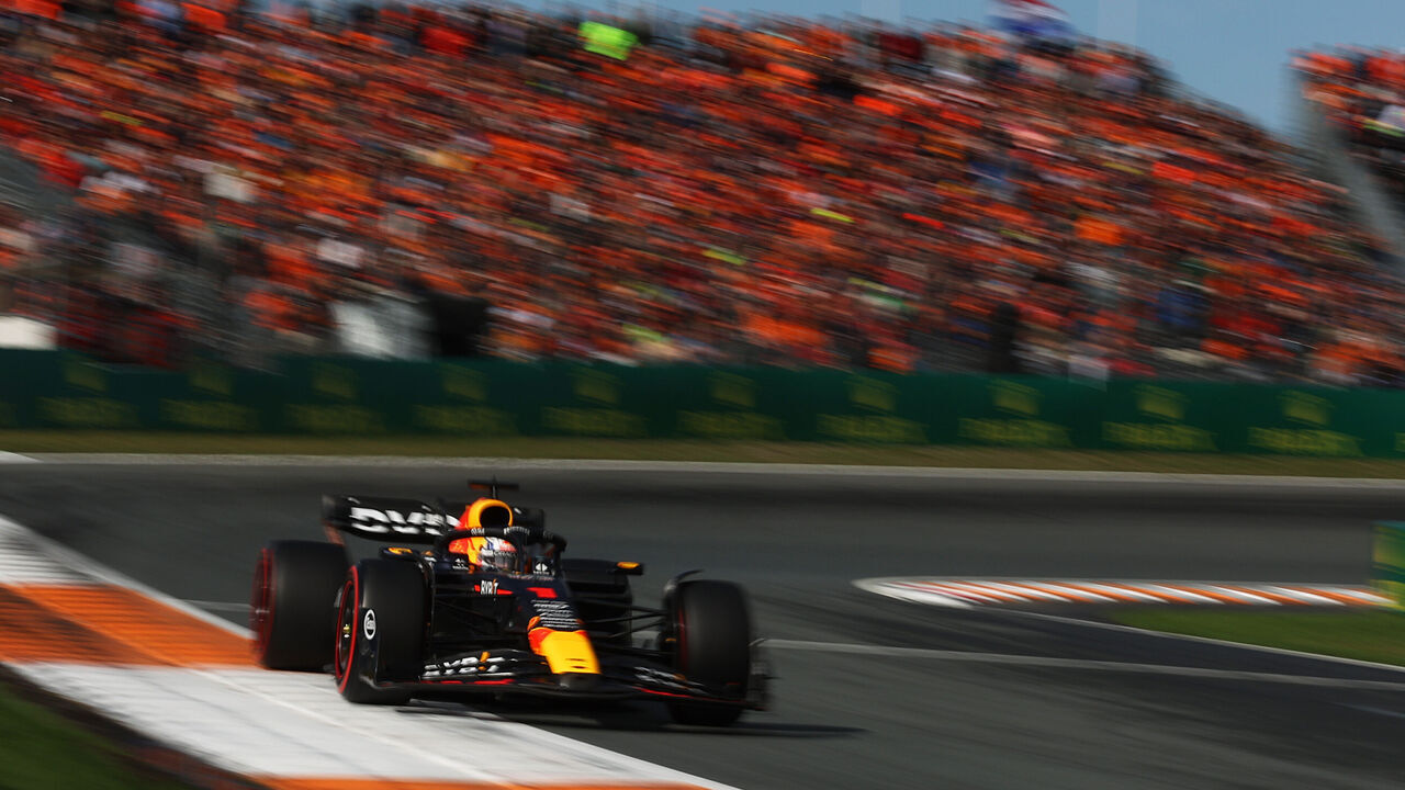 ZANDVOORT, NETHERLANDS - AUGUST 26: Max Verstappen of the Netherlands driving the (1) Oracle Red Bull Racing RB19 on track during qualifying ahead of the F1 Grand Prix of The Netherlands at Circuit Zandvoort on August 26, 2023 in Zandvoort, Netherlands.