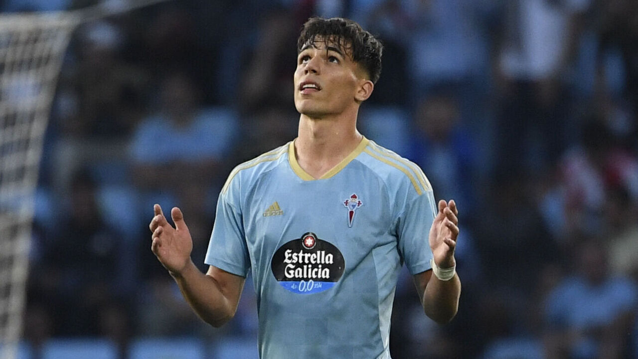 Celta Vigo's Spanish midfielder Gabriel Veiga celebrates scoring the opening goal during the Spanish league football match between RC Celta de Vigo and FC Barcelona at the Balaidos stadium in Vigo on June 4, 2023.