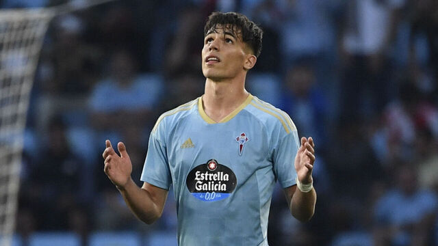 Celta Vigo's Spanish midfielder Gabriel Veiga celebrates scoring the opening goal during the Spanish league football match between RC Celta de Vigo and FC Barcelona at the Balaidos stadium in Vigo on June 4, 2023.