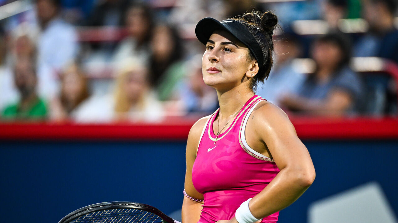 MONTREAL, CANADA - AUGUST 08: Bianca Andreescu of Canada looks on against Camila Giorgi of Italy on Day 2 during the National Bank Open at Stade IGA on August 8, 2023 in Montreal, Canada.