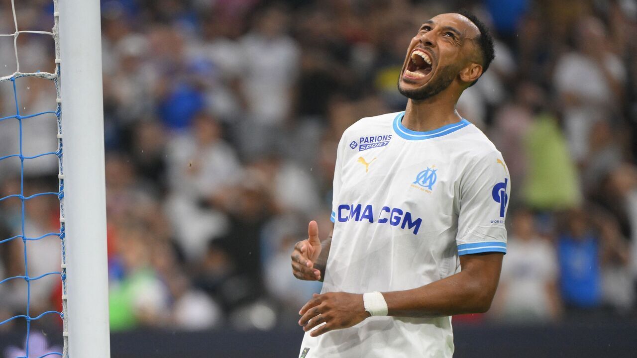 Marseille's French-Gabonese forward #10 Pierre-Emerick Aubameyang reacts during the French L1 football match between Olympique de Marseille (OM) and Brest at the Velodrome stadium in Marseille, southern France, on August 26, 2023.