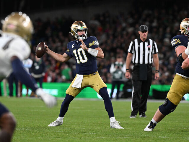 DUBLIN, IRELAND - AUGUST 26: Sam Hartman of Notre Dame throws his side's fourth touchdown during the Aer Lingus College Football Classic game between Notre Dame and Navy at Aviva Stadium on August 26, 2023 in Dublin, Ireland.