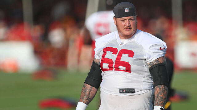 TAMPA, FL - JUL 30: Tampa Bay Buccaneers Center Ryan Jensen (66) goes thru a drill during the Tampa Bay Buccaneers Training Camp on July 30, 2023 at the AdventHealth Training Center at One Buccaneer Place in Tampa, Florida.