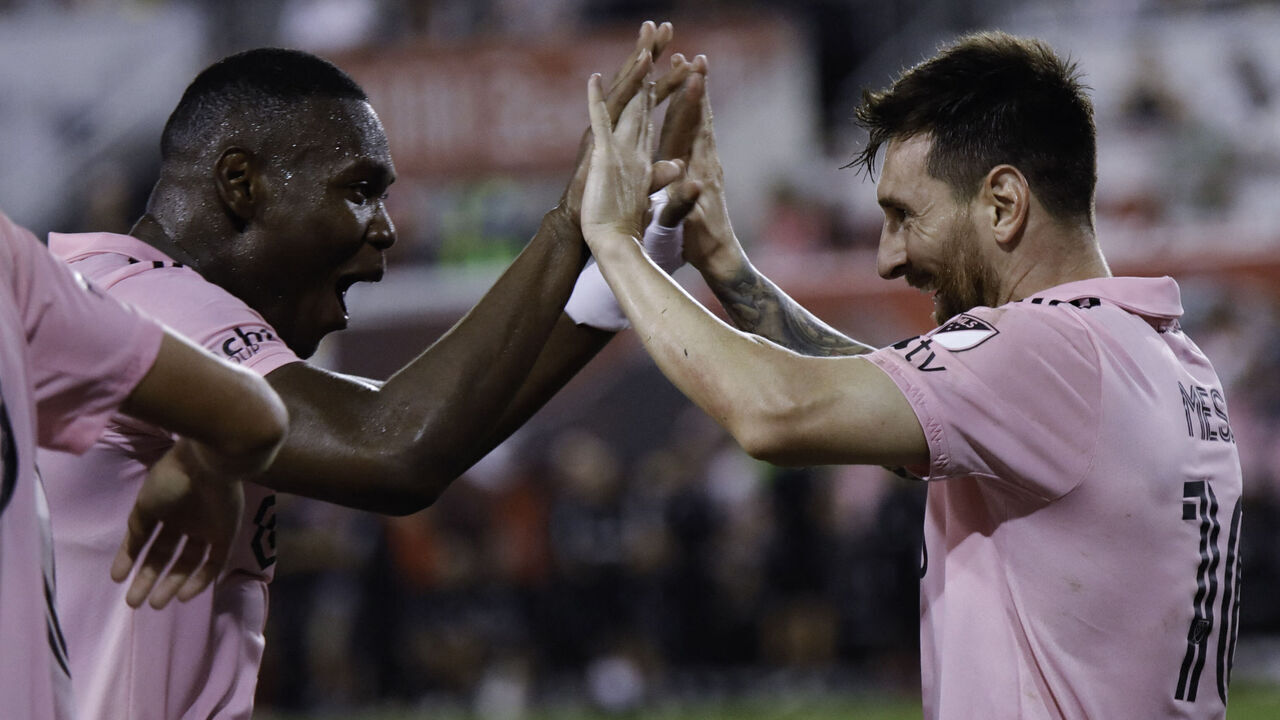Inter Miami's Argentine forward #10 Lionel Messi celebrates scoring his team's second goal with Inter Miami's Canadian defender #31 Kamal Miller during the Major League Soccer 2023 match between Inter Miami and New York Red Bulls at the Red Bull arena in Harrison, New Jersey, August 26, 2023.