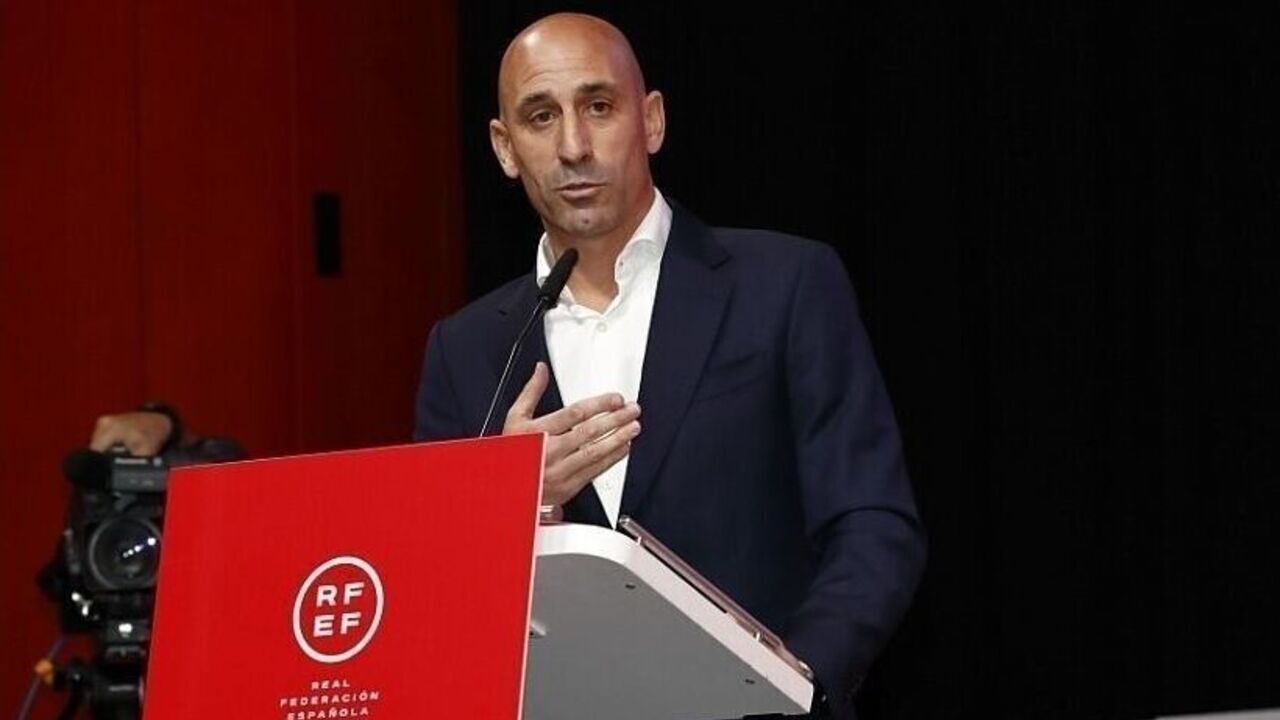 MADRID, SPAIN - AUGUST 25: (----EDITORIAL USE ONLY - MANDATORY CREDIT - 'ROYAL SPANISH FOOTBALL FEDERATION / HANDOUT' - NO MARKETING NO ADVERTISING CAMPAIGNS - DISTRIBUTED AS A SERVICE TO CLIENTS----) Luis Rubiales, President of the Spanish Football Federation (RFEF), speaks during the extraordinary meeting of the General Assembly of the Spanish Football Federation in Madrid, Spain on August 25, 2023. In a shocking speech on Friday, the president of Spain's football federation refused to quit for kissing a female player while celebrating the World Cup victory. Luis Rubiales was widely expected to step down during an emergency meeting of Spain's football federation. Instead, he insisted he was the victim of the witch-hunt, gave lessons about "real feminism," and vowed to take legal action against Spanish politicians for accusing him of misconduct.