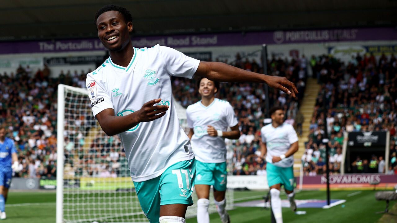 PLYMOUTH, ENGLAND - AUGUST 19: Nathan Tella of Southampton celebrates during the Sky Bet Championship match between Plymouth Argyle and Southampton FC at Home Park on August 19, 2023 in Plymouth, England.