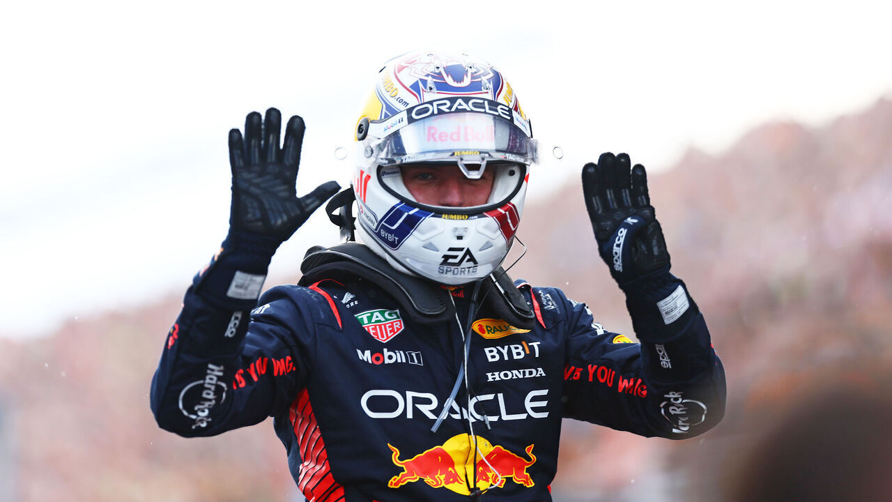 ZANDVOORT, NETHERLANDS - AUGUST 27: Race winner Max Verstappen of the Netherlands and Oracle Red Bull Racing celebrates in parc ferme during the F1 Grand Prix of The Netherlands at Circuit Zandvoort on August 27, 2023 in Zandvoort, Netherlands.