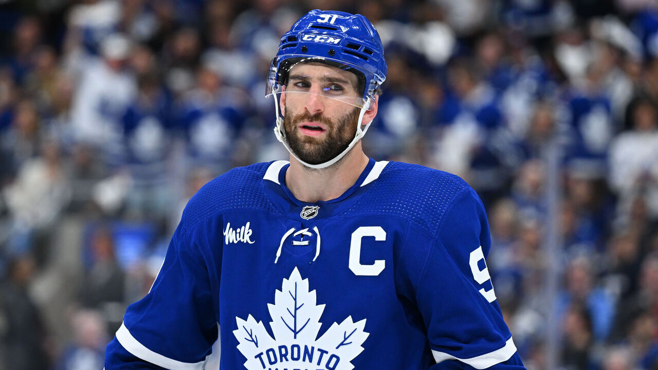 TORONTO, ON - MAY 12: Toronto Maple Leafs center John Tavares (91) looks on prior to the face-off during the third period of game 5 in the Eastern Conference Second Round between the Florida Panthers and the Toronto Maple Leafs on May 12, 2023, at Scotiabank Arena in Toronto, ON, Canada.