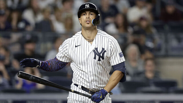 NEW YORK, NEW YORK - AUGUST 18: Giancarlo Stanton #27 of the New York Yankees in action against the Boston Red Sox at Yankee Stadium on August 18, 2023 in the Bronx borough of New York City. The Red Sox defeated the Yankees 8-3.