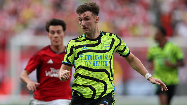 EAST RUTHERFORD, NJ - JULY 22: Arsenal defender Kieran Tierney (3) looks on during a match between Arsenal and Manchester United on July 22, 2023, at MetLife Stadium in East Rutherford, New Jersey.