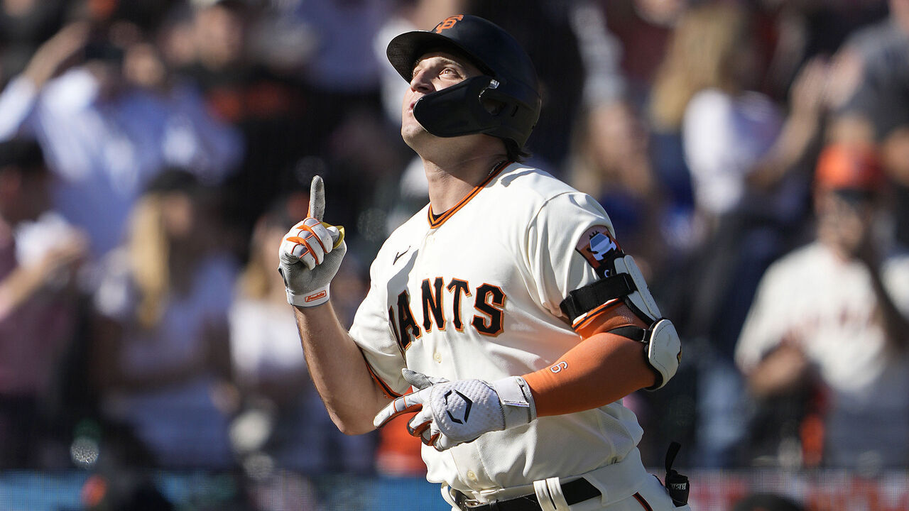 SAN FRANCISCO, CALIFORNIA - AUGUST 27: Casey Schmitt #6 of the San Francisco Giants celebrates after hitting a solo home run against the Atlanta Braves in the bottom of the second inning at Oracle Park on August 27, 2023 in San Francisco, California.