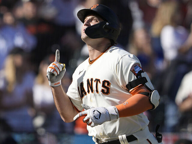 SAN FRANCISCO, CALIFORNIA - AUGUST 27: Casey Schmitt #6 of the San Francisco Giants celebrates after hitting a solo home run against the Atlanta Braves in the bottom of the second inning at Oracle Park on August 27, 2023 in San Francisco, California.
