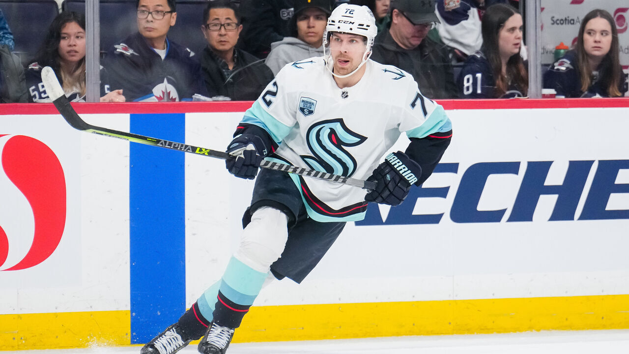 WINNIPEG, MANITOBA - MAY 01: Joonas Donskoi #72 of the Seattle Kraken skates near the blue line during the third period of a game against the Winnipeg Jets at Canada Life Centre on May 01, 2022 in Winnipeg, Manitoba.