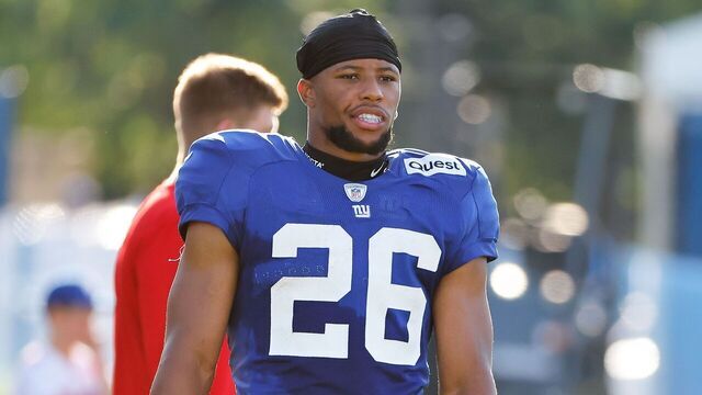 EAST RUTHERFORD, NJ - AUGUST 01: Saquon Barkley #26 of the New York Giants during training camp at the Quest Diagnostics Training Center on August 1, 2023 in East Rutherford, New Jersey.