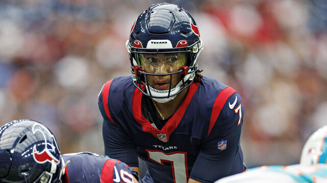 HOUSTON, TEXAS - AUGUST 19: C.J. Stroud #7 of the Houston Texans looks over the offense during the preseason game against the Miami Dolphins at NRG Stadium on August 19, 2023 in Houston, Texas. The Dolphins defeated the Texans 28-3.