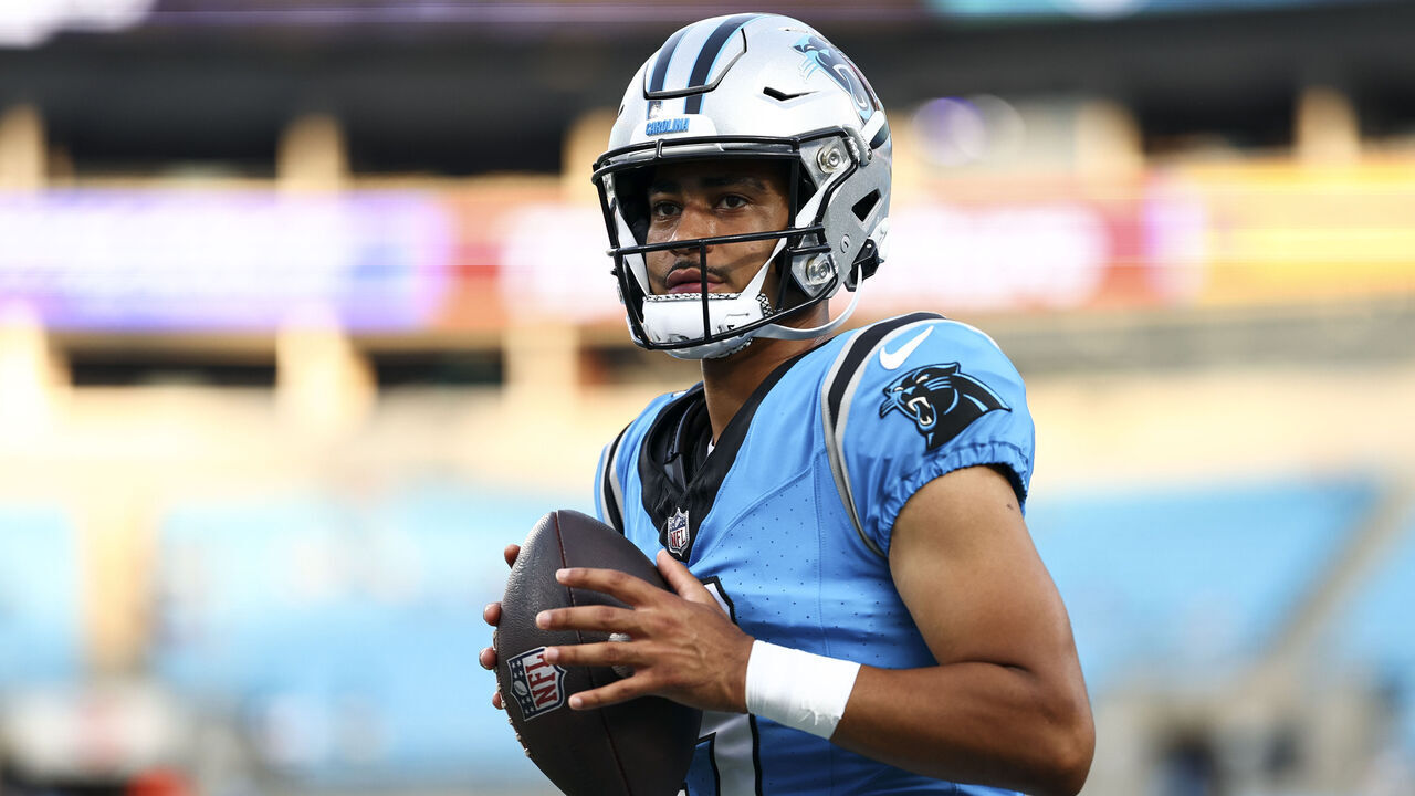 CHARLOTTE, NC - AUGUST 25: Bryce Young #9 of the Carolina Panthers warms up prior to an NFL preseason football game against the Detroit Lions at Bank of America Stadium on August 25, 2023 in Charlotte, North Carolina.