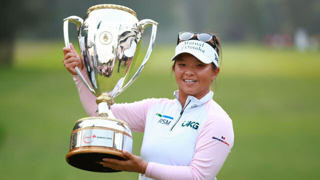 VANCOUVER, BRITISH COLUMBIA - AUGUST 27: Megan Khang of the United States poses with the trophy after winning the CPKC Women's Open on the first playoff hole at Shaughnessy Golf and Country Club on August 27, 2023 in Vancouver, British Columbia.