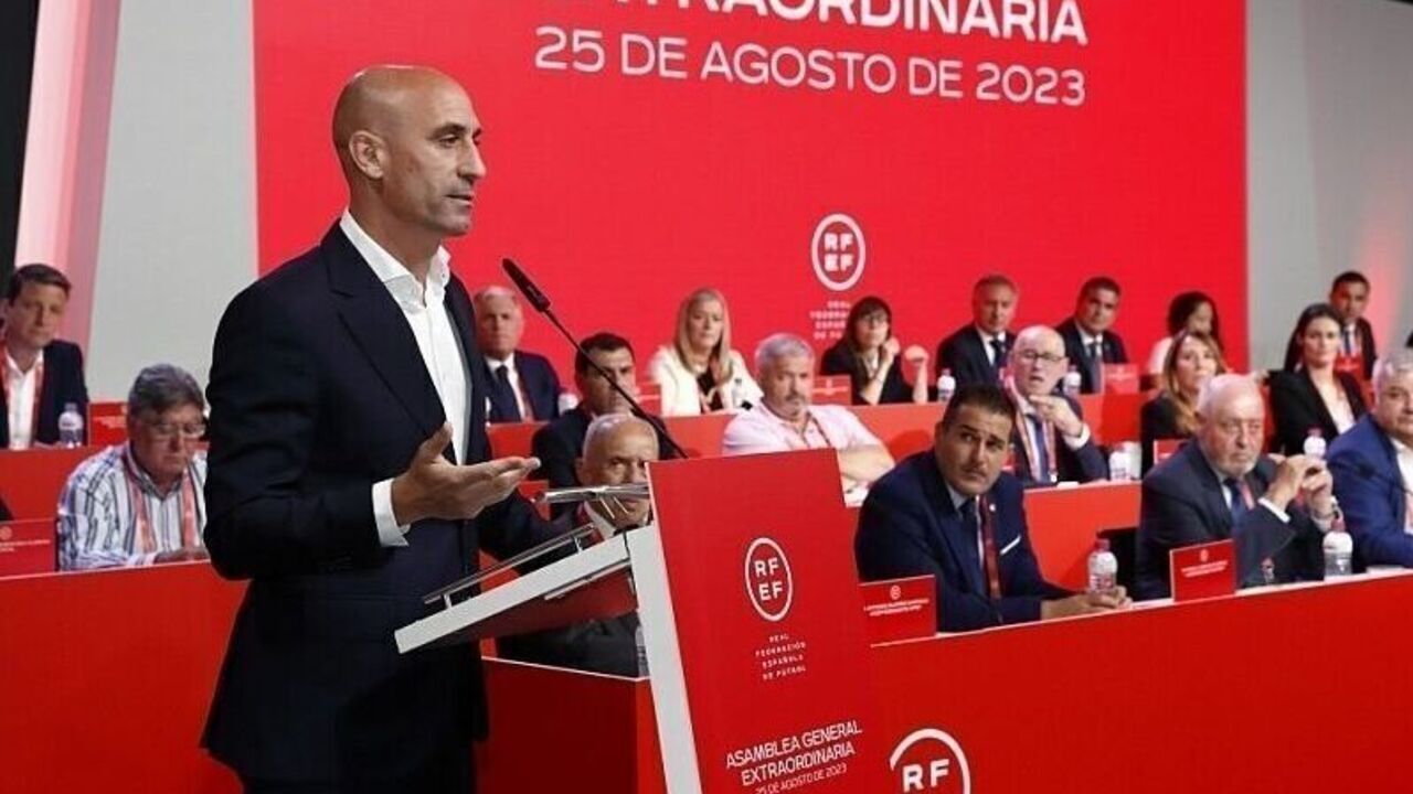 MADRID, SPAIN - AUGUST 25: (----EDITORIAL USE ONLY - MANDATORY CREDIT - 'ROYAL SPANISH FOOTBALL FEDERATION / HANDOUT' - NO MARKETING NO ADVERTISING CAMPAIGNS - DISTRIBUTED AS A SERVICE TO CLIENTS----) Luis Rubiales, President of the Spanish Football Federation (RFEF), speaks during the extraordinary meeting of the General Assembly of the Spanish Football Federation in Madrid, Spain on August 25, 2023. In a shocking speech on Friday, the president of Spain's football federation refused to quit for kissing a female player while celebrating the World Cup victory. Luis Rubiales was widely expected to step down during an emergency meeting of Spain's football federation. Instead, he insisted he was the victim of the witch-hunt, gave lessons about "real feminism," and vowed to take legal action against Spanish politicians for accusing him of misconduct.