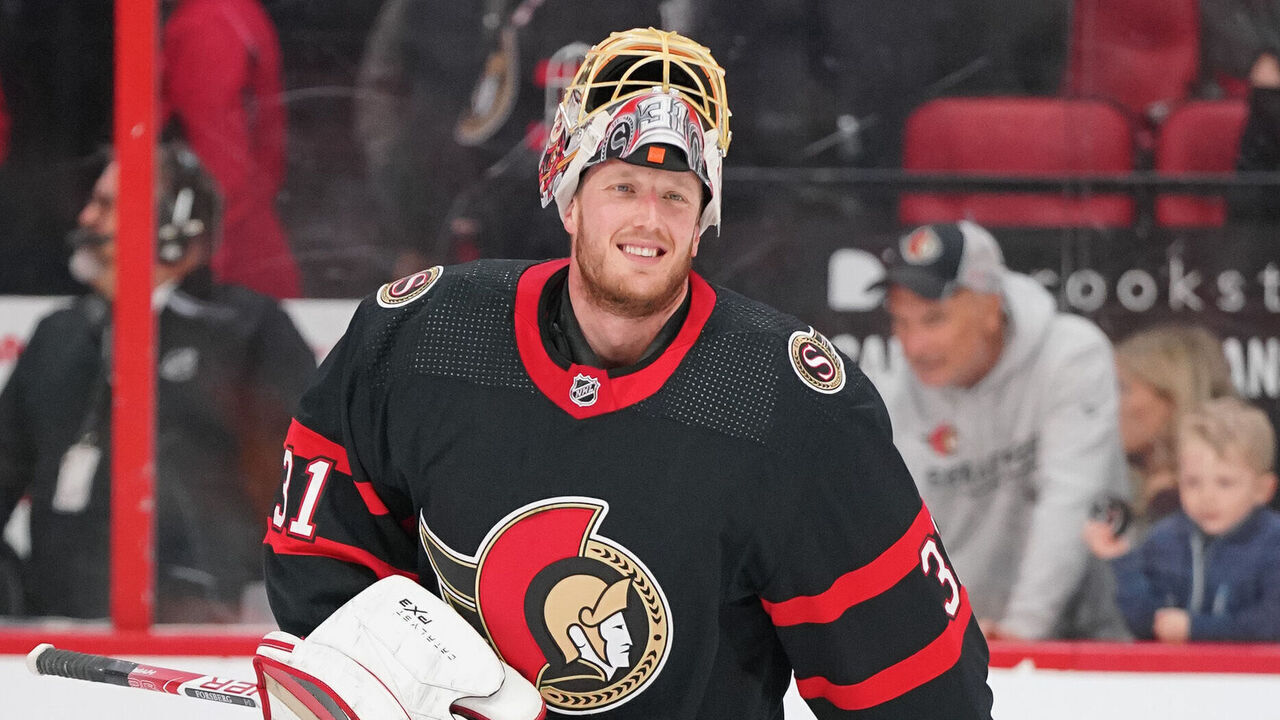OTTAWA, CANADA - FEBRUARY 11: Anton Forsberg #31 of the Ottawa Senators looks on during warmup prior to a game against the Edmonton Oilers at Canadian Tire Centre on February 11, 2023 in Ottawa, Ontario, Canada.