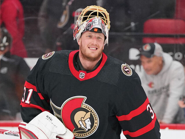 OTTAWA, CANADA - FEBRUARY 11: Anton Forsberg #31 of the Ottawa Senators looks on during warmup prior to a game against the Edmonton Oilers at Canadian Tire Centre on February 11, 2023 in Ottawa, Ontario, Canada.