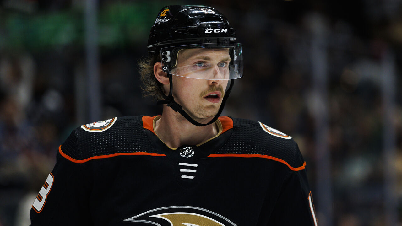 ANAHEIM, CA - APRIL 09: Anaheim Ducks defenseman Simon Benoit (13) during an NHL hockey game between the Colorado Avalanche and the Anaheim Ducks on April 9, 2023 at Honda Center in Anaheim, CA.
