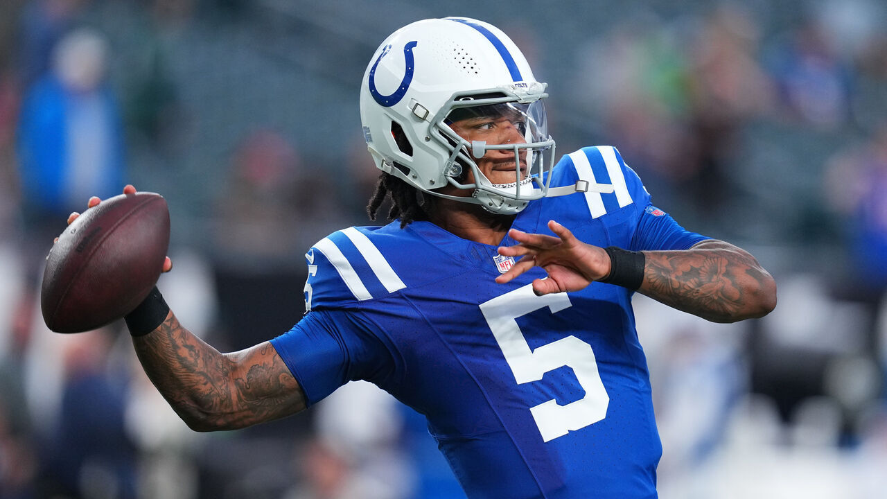 PHILADELPHIA, PENNSYLVANIA - AUGUST 24: Anthony Richardson #5 of the Indianapolis Colts warms up prior to the preseason game against the Philadelphia Eagles at Lincoln Financial Field on August 24, 2023 in Philadelphia, Pennsylvania.