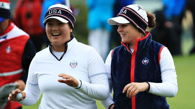 AUCHTERARDER, SCOTLAND - SEPTEMBER 14: Angel Yin (L) and Ally McDonald (R) of Team USA react after winning the thirteenth hole during Day 2 of the Solheim Cup at Gleneagles on September 14, 2019 in Auchterarder, Scotland.