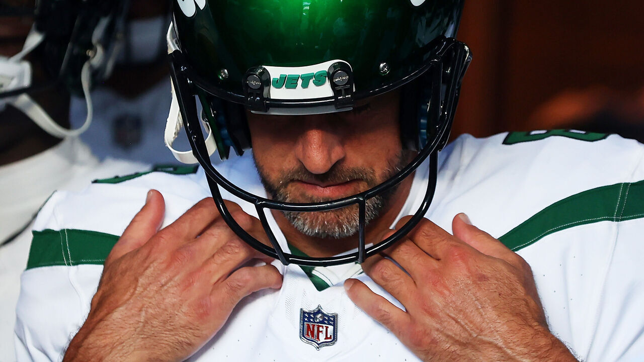EAST RUTHERFORD, NEW JERSEY - AUGUST 26: Aaron Rodgers #8 of the New York Jets waits in the tunnel prior to a preseason game against the New York Giants at MetLife Stadium on August 26, 2023 in East Rutherford, New Jersey.