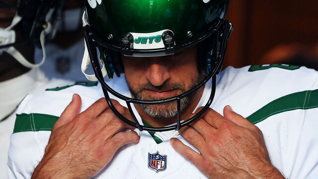 EAST RUTHERFORD, NEW JERSEY - AUGUST 26: Aaron Rodgers #8 of the New York Jets waits in the tunnel prior to a preseason game against the New York Giants at MetLife Stadium on August 26, 2023 in East Rutherford, New Jersey.