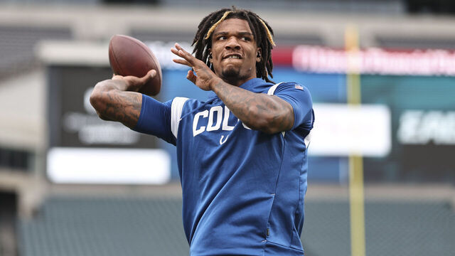 PHILADELPHIA, PENNSYLVANIA - AUGUST 24: Anthony Richardson #5 of the Indianapolis Colts passes as he warms up prior to an NFL preseason game against the Philadelphia Eagles at Lincoln Financial Field on August 24, 2023 in Philadelphia, Pennsylvania.
