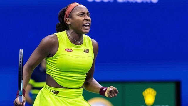 TOPSHOT - USA's Coco Gauff celebrates her victory over Germany's Laura Siegemund during the US Open tennis tournament women's singles first round match at the USTA Billie Jean King National Tennis Center in New York City, on August 28, 2023.