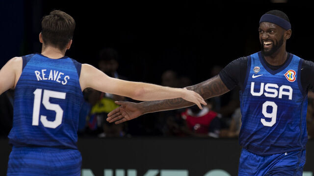 MANILA, PHILIPPINES - AUGUST 28: Bobby Portis and Austin Reaves of USA slap hands during the FIBA Basketball World Cup Group C game between Greece and United States at Mall of Asia Arena on August 28, 2023 in Manila, Philippines.