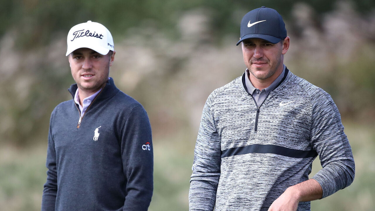 JEJU, SOUTH KOREA - OCTOBER 19: Brooks Koepka of United States talks with Justin Thomas of United States on the 15th hole during the second round of the CJ Cup at the Nine Bridges on October 19, 2018 in Jeju, South Korea.