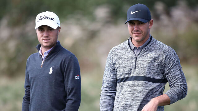JEJU, SOUTH KOREA - OCTOBER 19: Brooks Koepka of United States talks with Justin Thomas of United States on the 15th hole during the second round of the CJ Cup at the Nine Bridges on October 19, 2018 in Jeju, South Korea.