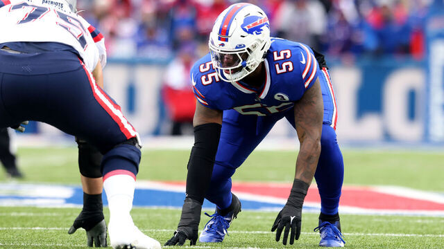 ORCHARD PARK, NEW YORK - JANUARY 08: Boogie Basham #55 of the Buffalo Bills lines up during the second quarter against the New England Patriots at Highmark Stadium on January 08, 2023 in Orchard Park, New York.