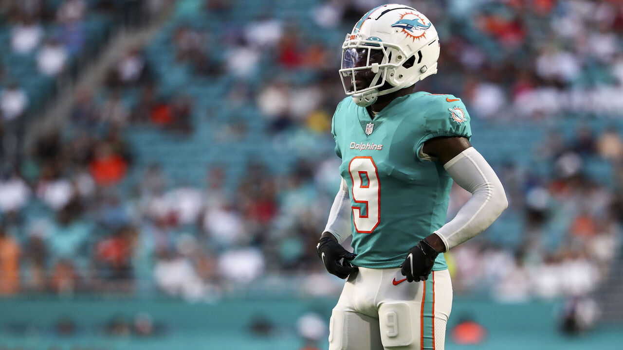 MIAMI GARDENS, FL - AUGUST 20: Noah Igbinoghene #9 of the Miami Dolphins looks on during a preseason NFL football game against the Las Vegas Raiders at Hard Rock Stadium on August 20, 2022 in Miami Gardens, Florida.