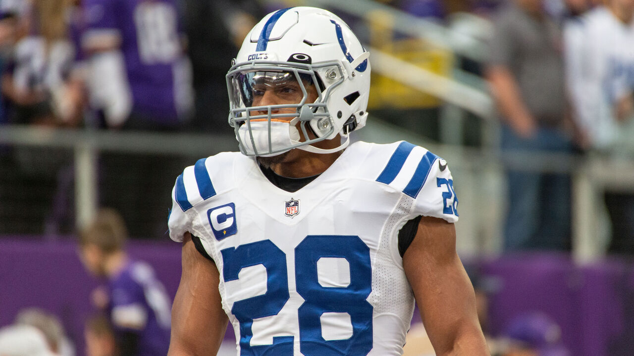 MINNEAPOLIS, MN - DECEMBER 17: Indianapolis Colts running back Jonathan Taylor (28) looks on before the NFL game between the Indianapolis Colts and Minnesota Vikings on December 17th, 2022, at U.S. Bank Stadium in Minneapolis, MN.