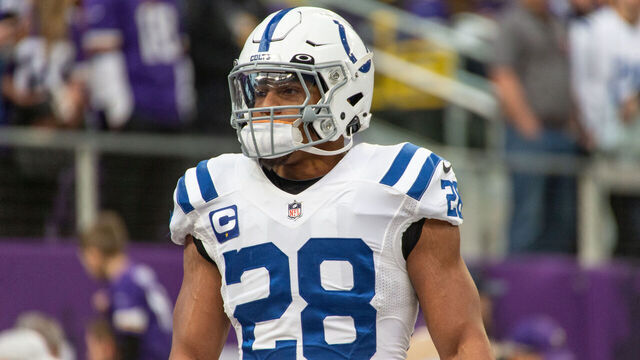 MINNEAPOLIS, MN - DECEMBER 17: Indianapolis Colts running back Jonathan Taylor (28) looks on before the NFL game between the Indianapolis Colts and Minnesota Vikings on December 17th, 2022, at U.S. Bank Stadium in Minneapolis, MN.
