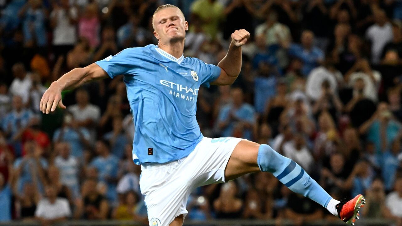 Manchester City's Norwegian striker #09 Erling Haaland celebrates after scoring a goal during the penalty shootout of the 2023 UEFA Super Cup football match between Manchester City and Sevilla at the Georgios Karaiskakis Stadium in Piraeus on August 16, 2023.