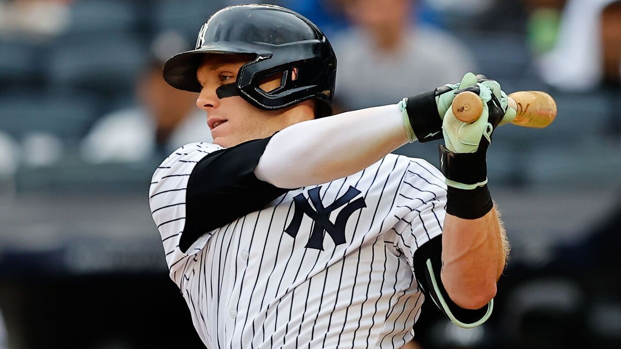 BRONX, NY - AUGUST 24: Harrison Bader #22 of the New York Yankees at bat during the Major League Baseball game against the Washington Nationals on August 24, 2023 at Yankee Stadium in the Bronx, New York.