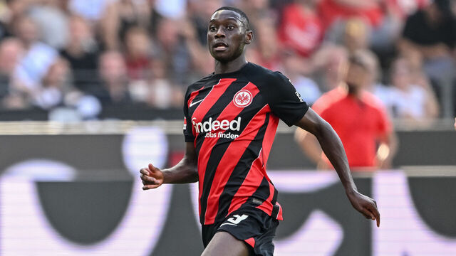 FRANKFURT AM MAIN, GERMANY - AUGUST 20: Randal Kolo Muani of Eintracht Frankfurt Looks on during the Bundesliga match between Eintracht Frankfurt and SV Darmstadt 98 at Deutsche Bank Park on August 20, 2023 in Frankfurt am Main, Germany.