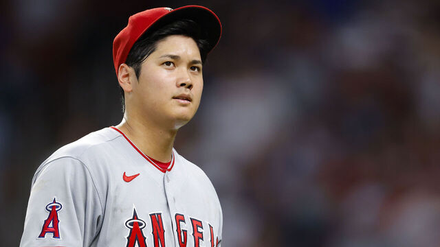 ATLANTA, GA - JULY 22: Shohei Ohtani #17 of the Los Angeles Angels reacts after being pulled from the game during the seventh inning against the Atlanta Braves at Truist Park on July 22, 2022 in Atlanta, Georgia.